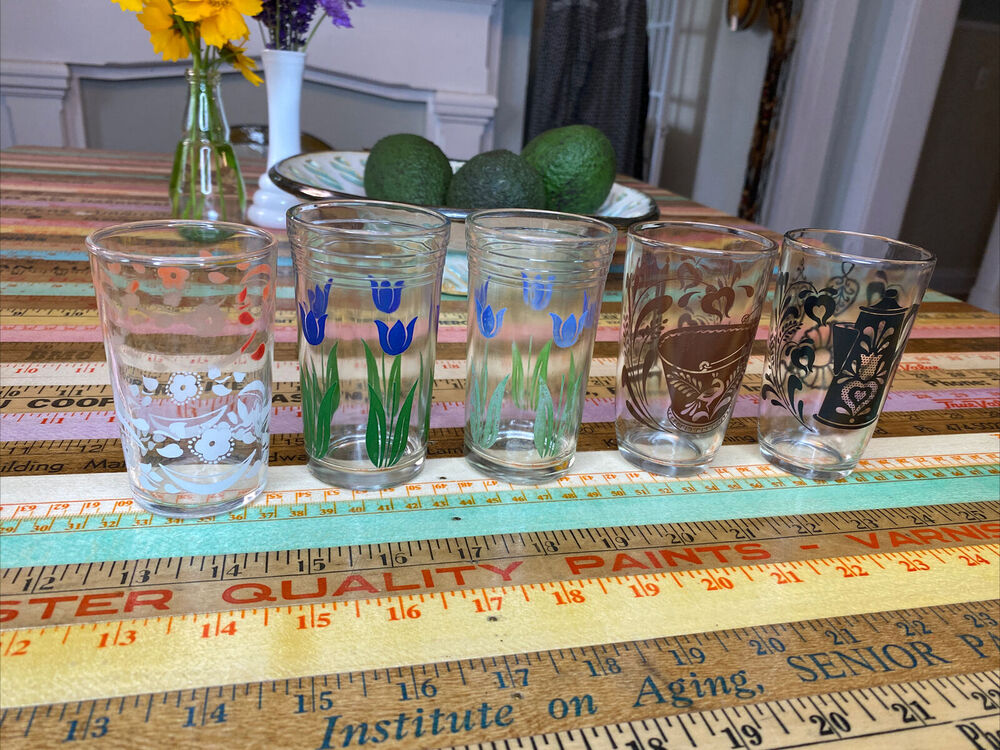1930s ATLAS‎ Federal KRAFT SWANKY SWIG Blue Tulip Black JUICE GLASSES 5
